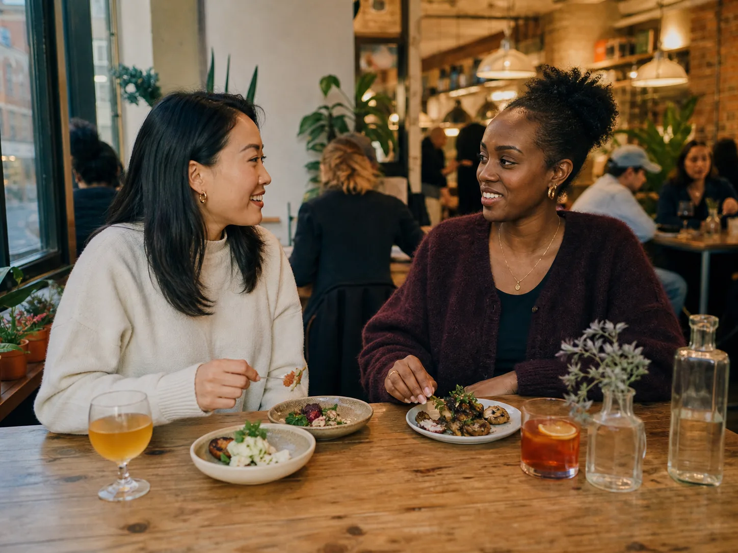 Two people sharing food and conversation at a local café