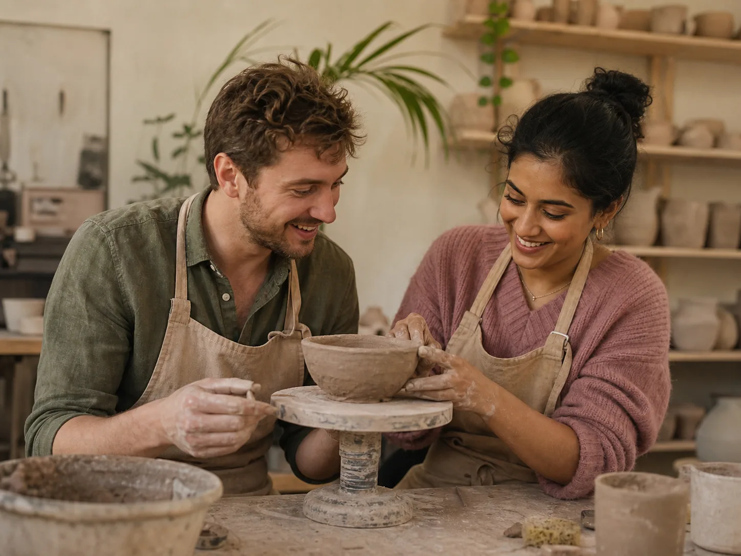 Two people enjoying a pottery workshop together